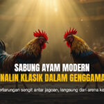 Dua ayam jago siap bertarung di arena sabung ayam dengan penonton di latar belakang dan cahaya sorot dramatis.